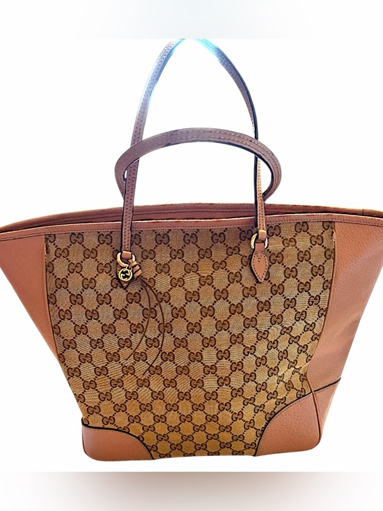 Gucci Handbags - Gucci Brown/Tan GG Canvas Tote with Leather Trim